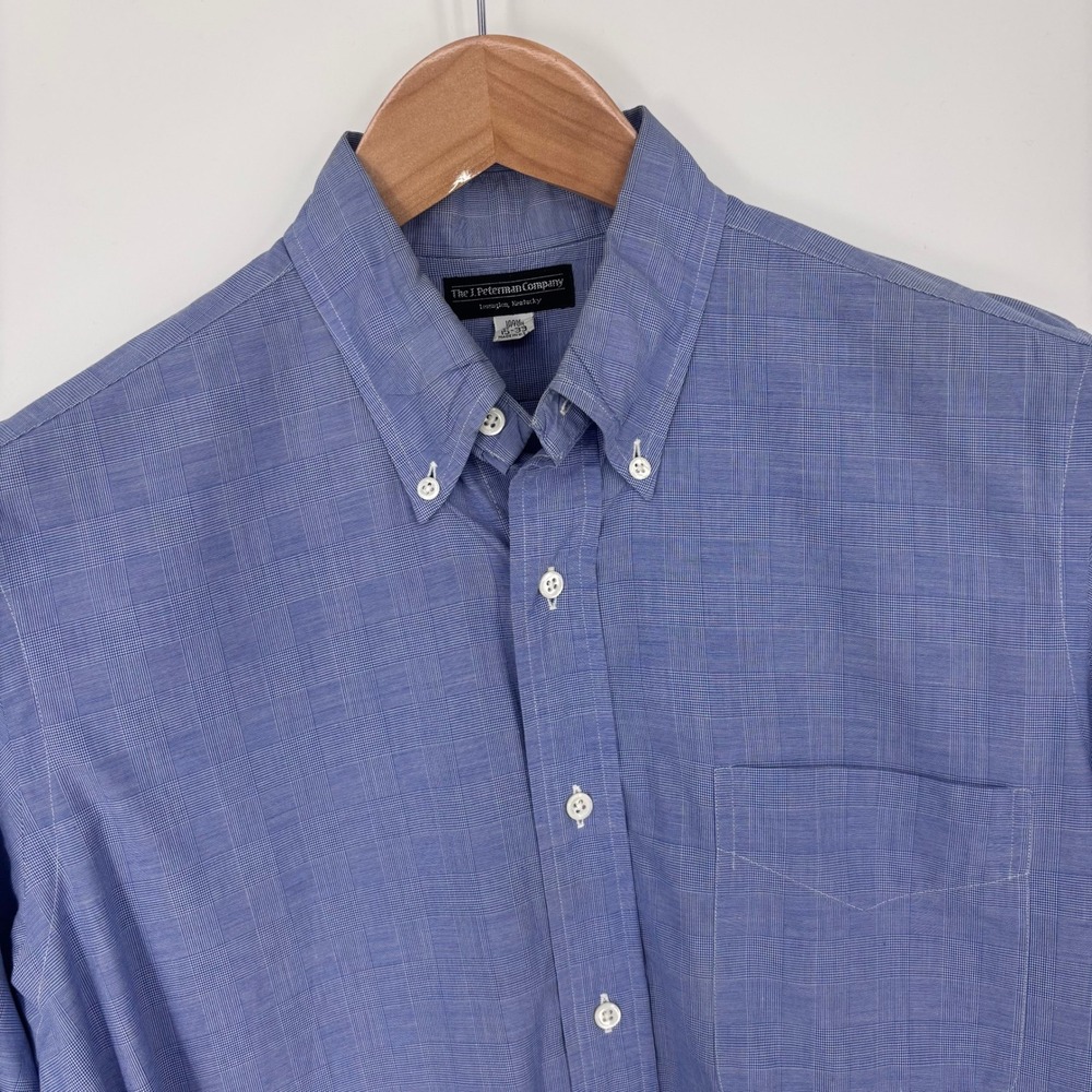J‎ Peterman Button Down Shirt Mens 15-33 Blue Plaid Cotton Long Sleeve Office